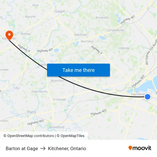 Barton at Gage to Kitchener, Ontario map