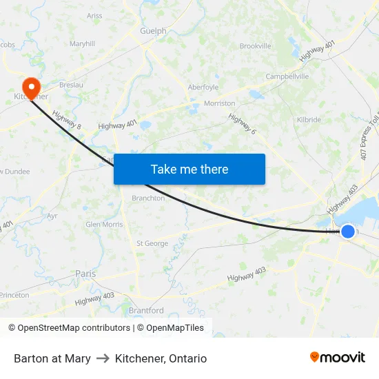 Barton at Mary to Kitchener, Ontario map