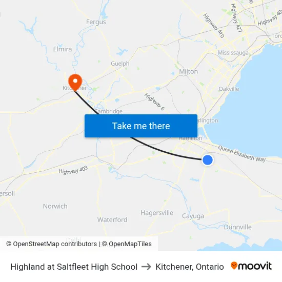 Highland at Saltfleet High School to Kitchener, Ontario map