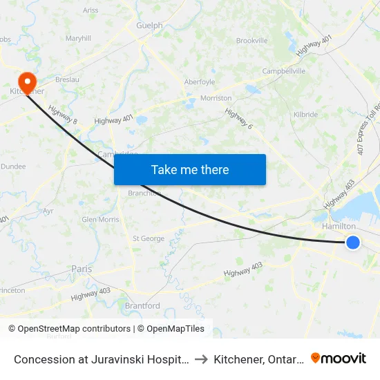 Concession at Juravinski Hospital to Kitchener, Ontario map