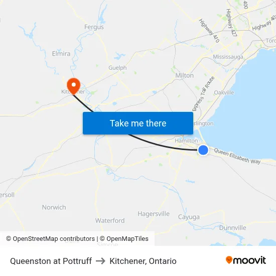 Queenston at Pottruff to Kitchener, Ontario map