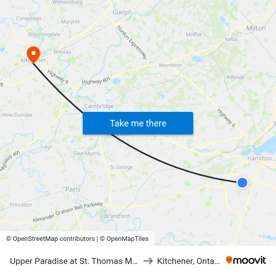 Upper Paradise at St. Thomas More to Kitchener, Ontario map