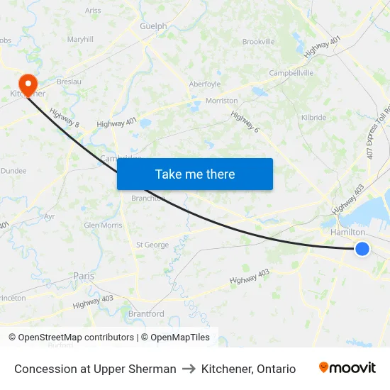Concession at Upper Sherman to Kitchener, Ontario map