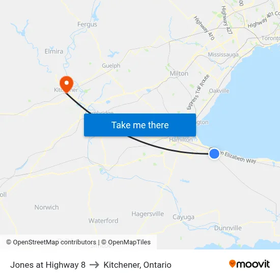 Jones at Highway 8 to Kitchener, Ontario map