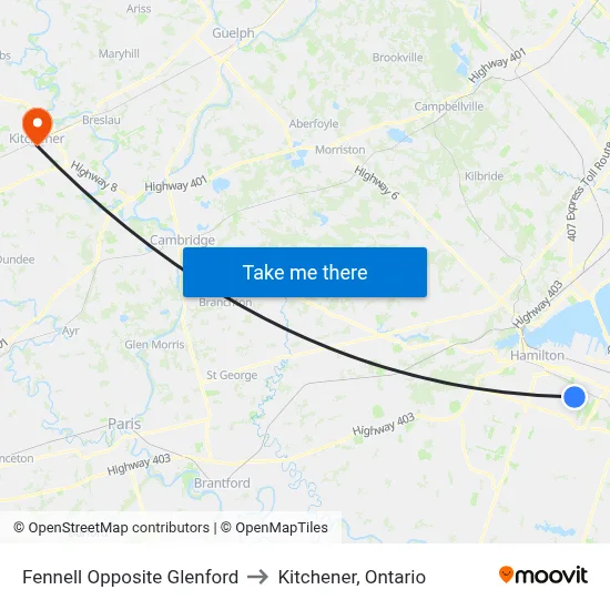 Fennell Opposite Glenford to Kitchener, Ontario map