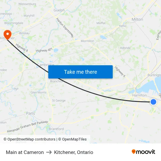 Main at Cameron to Kitchener, Ontario map