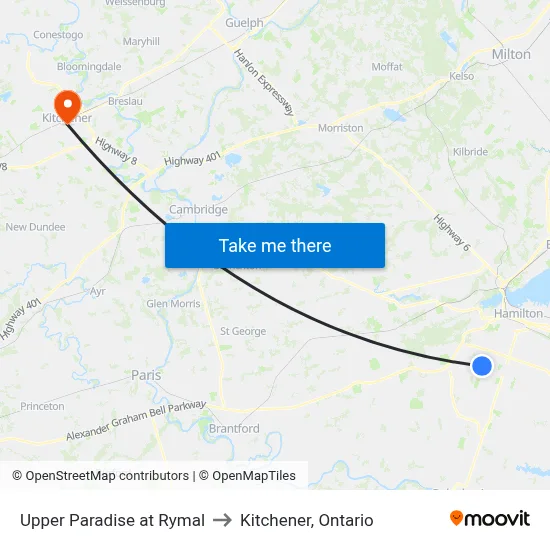 Upper Paradise at Rymal to Kitchener, Ontario map