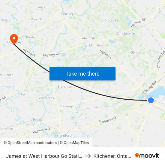 James at West Harbour Go Station to Kitchener, Ontario map