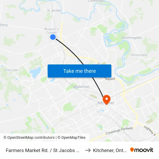 Farmers Market Rd. / St Jacobs Market to Kitchener, Ontario map