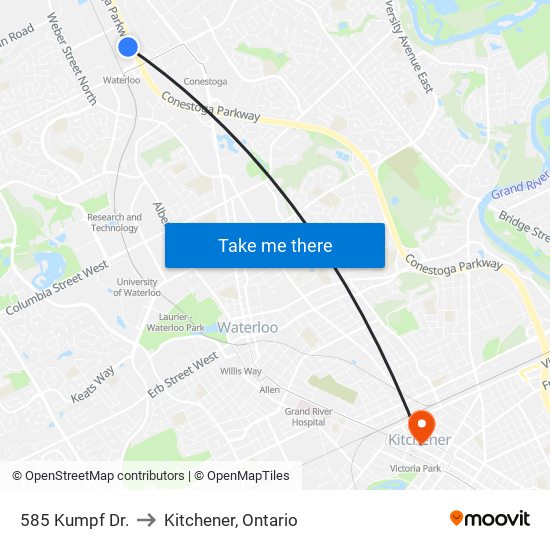 585 Kumpf Dr. to Kitchener, Ontario map