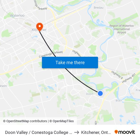 Doon Valley / Conestoga College Blvd. to Kitchener, Ontario map