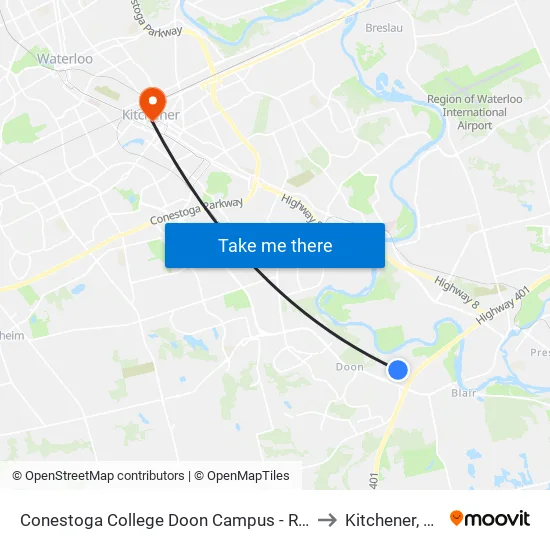 Conestoga College Doon Campus - Recreation Centre to Kitchener, Ontario map