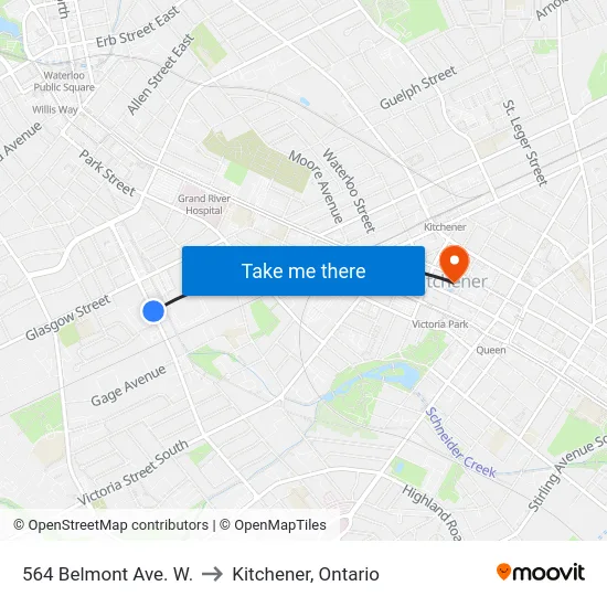 564 Belmont Ave. W. to Kitchener, Ontario map