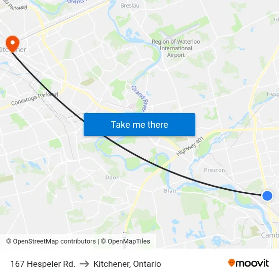 167 Hespeler Rd. to Kitchener, Ontario map