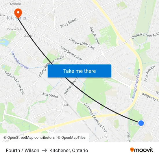 Fourth / Wilson to Kitchener, Ontario map