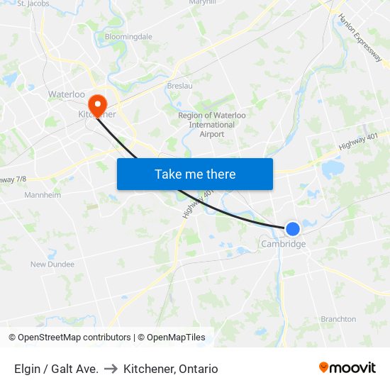 Elgin / Galt Ave. to Kitchener, Ontario map