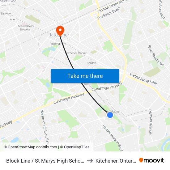 Block Line / St Marys High School to Kitchener, Ontario map