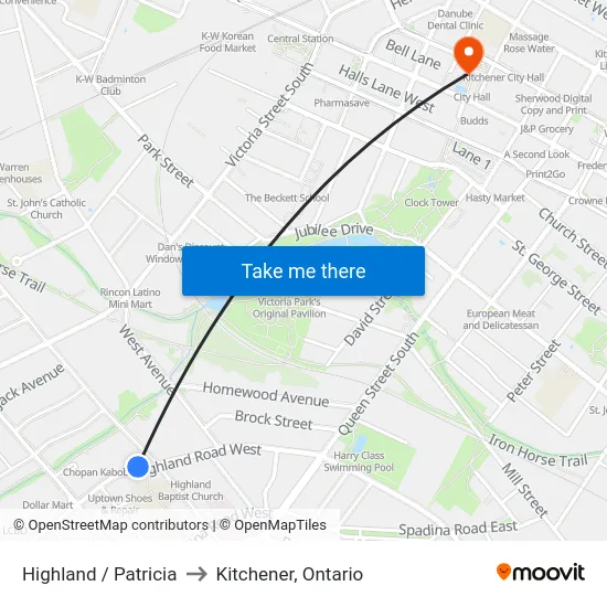 Highland / Patricia to Kitchener, Ontario map