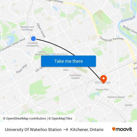 University Of Waterloo Station to Kitchener, Ontario map