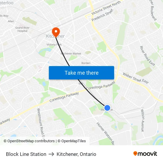 Block Line Station to Kitchener, Ontario map