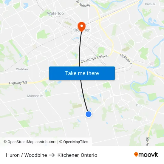 Huron / Woodbine to Kitchener, Ontario map