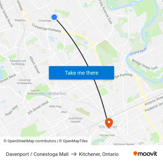 Davenport / Conestoga Mall to Kitchener, Ontario map
