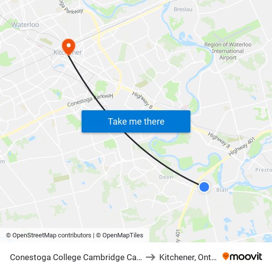 Conestoga College Cambridge Campus to Kitchener, Ontario map