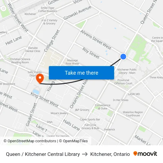 Queen / Kitchener Central Library to Kitchener, Ontario map