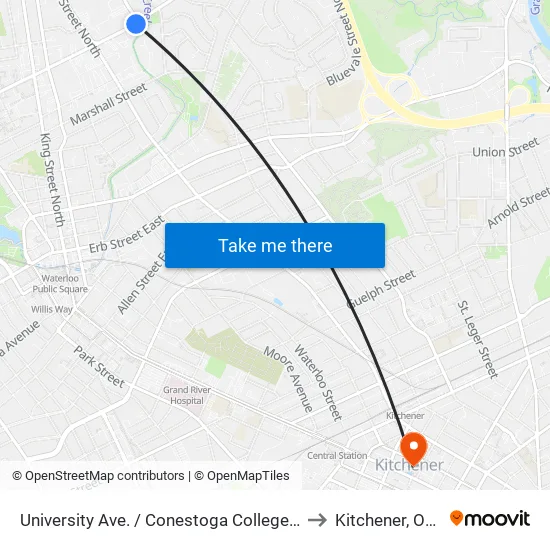 University Ave. / Conestoga College - Waterloo to Kitchener, Ontario map