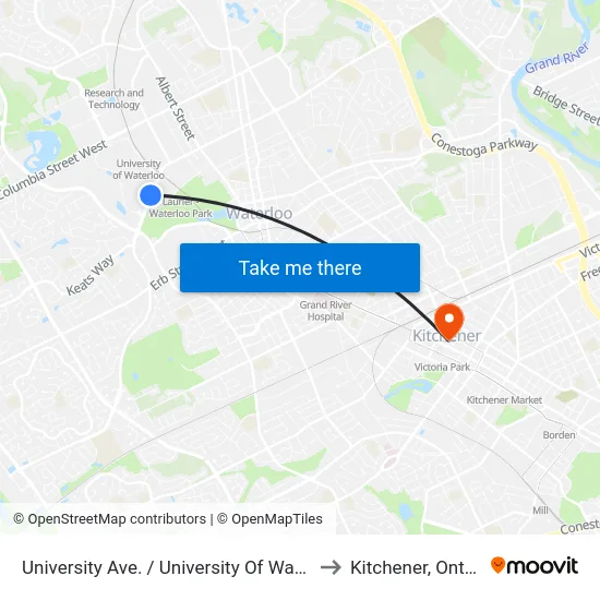 University Ave. / University Of Waterloo to Kitchener, Ontario map