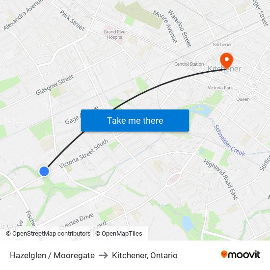 Hazelglen / Mooregate to Kitchener, Ontario map