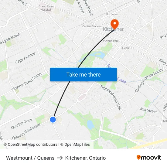 Westmount / Queens to Kitchener, Ontario map
