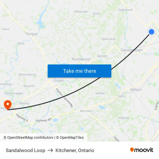 Sandalwood Loop to Kitchener, Ontario map