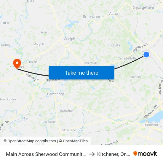 Main Across Sherwood Community Centre to Kitchener, Ontario map