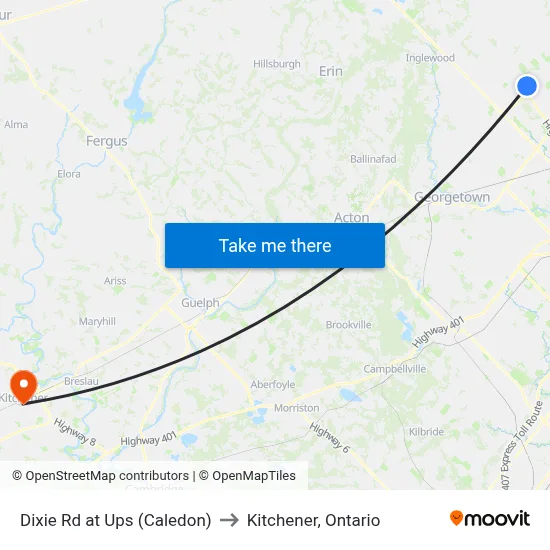 Dixie Rd at Ups (Caledon) to Kitchener, Ontario map