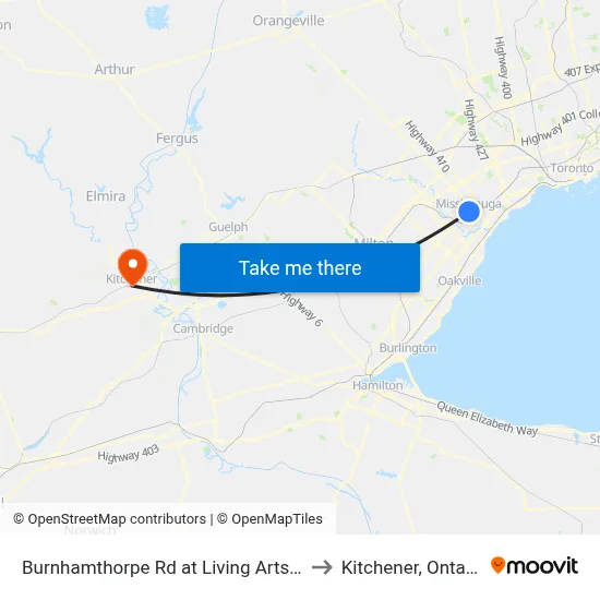 Burnhamthorpe Rd at Living Arts Dr to Kitchener, Ontario map