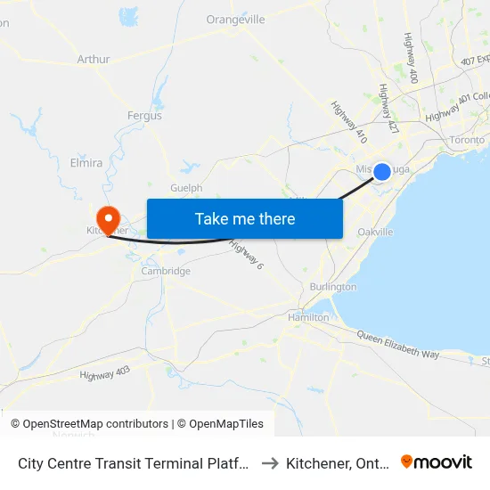 City Centre Transit Terminal Platform A to Kitchener, Ontario map
