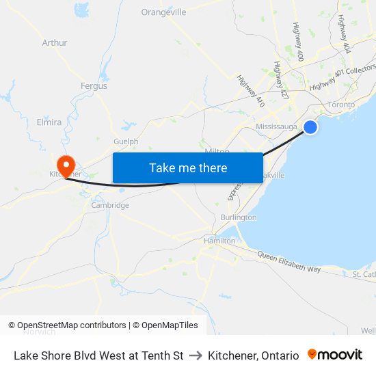 Lake Shore Blvd West at Tenth St to Kitchener, Ontario map