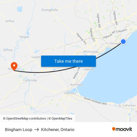 Bingham Loop to Kitchener, Ontario map