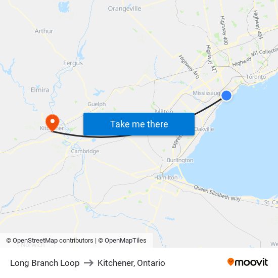 Long Branch Loop to Kitchener, Ontario map