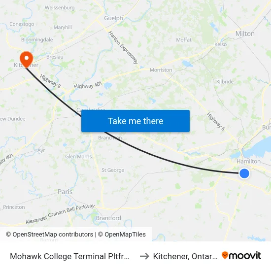Mohawk College Terminal Pltfrm 3 to Kitchener, Ontario map