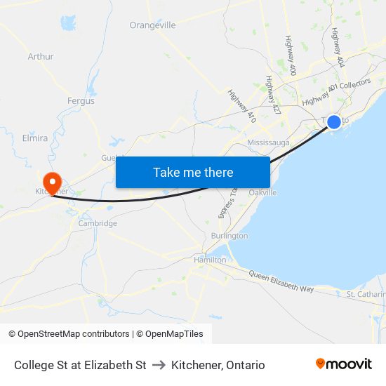 College St at Elizabeth St to Kitchener, Ontario map