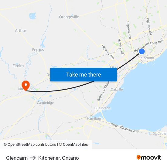 Glencairn to Kitchener, Ontario map