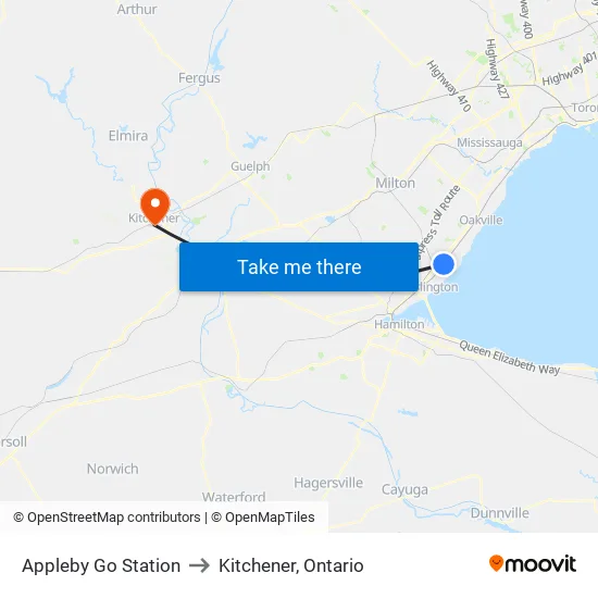 Appleby Go Station to Kitchener, Ontario map