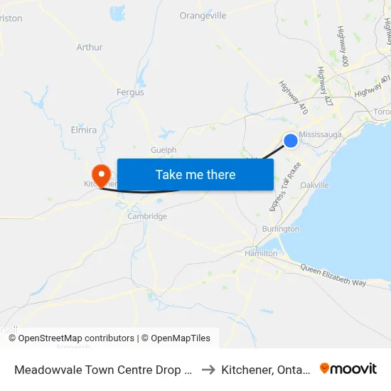 Meadowvale Town Centre Drop Off to Kitchener, Ontario map