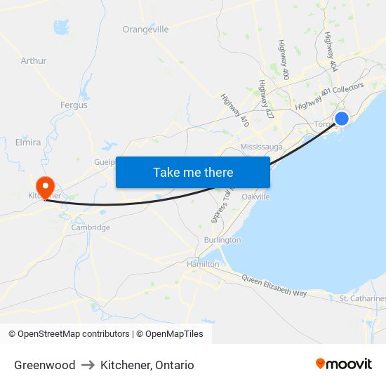 Greenwood to Kitchener, Ontario map