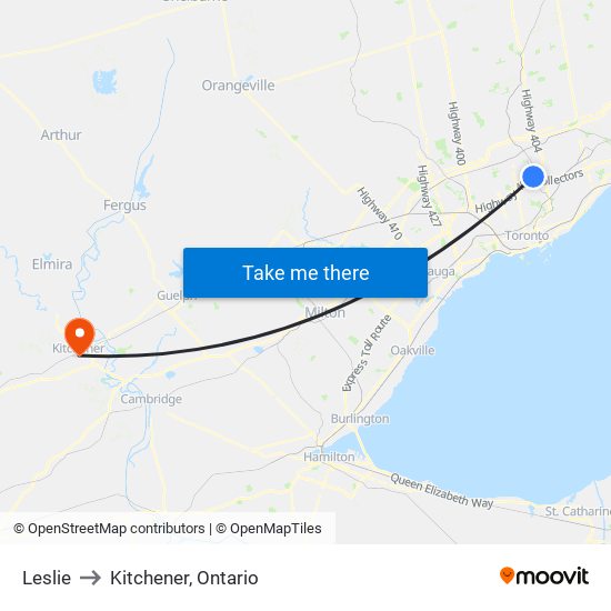 Leslie to Kitchener, Ontario map