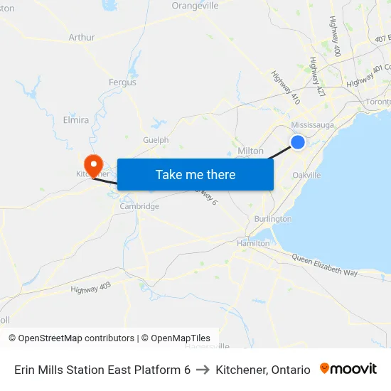 Erin Mills Station East Platform 6 to Kitchener, Ontario map