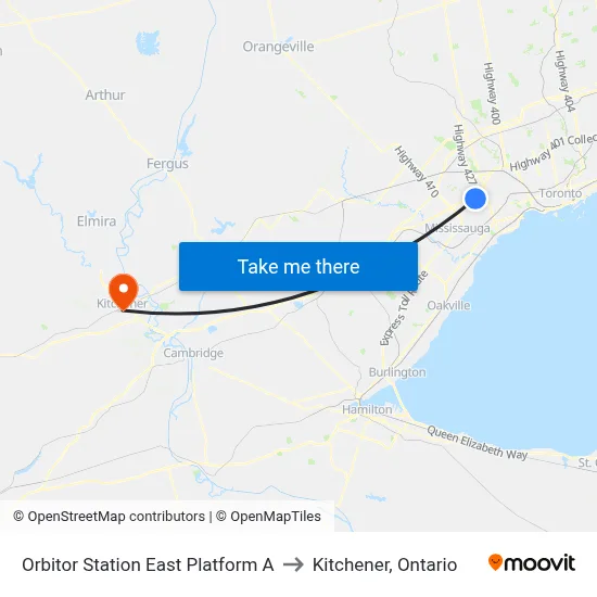 Orbitor Station East Platform A to Kitchener, Ontario map
