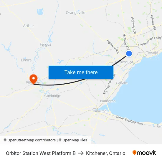 Orbitor Station West Platform B to Kitchener, Ontario map